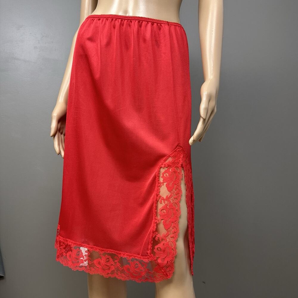 Vintage Red Nylon Half Slip Medium? Lace Side Slit Shiny Silky Lingerie 24"